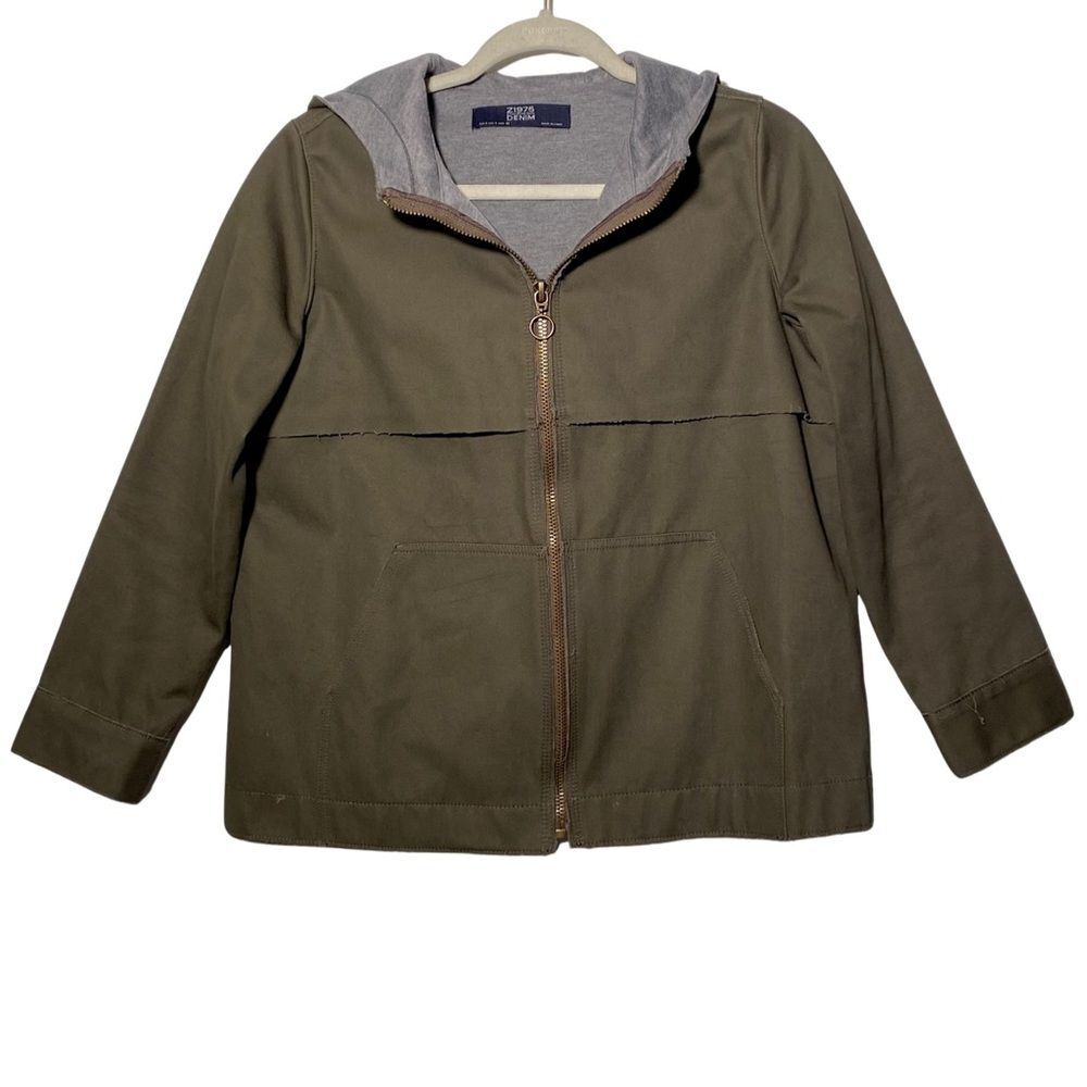 Zara Z1975 Denim Olive Green Hooded Jacket Denim Zip Utility Boxy Small - Picture 1 of 16